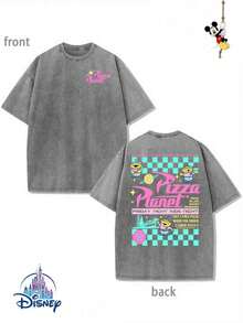 1 New Disney Cotton Washed T-Shirt, DisneyRacing Toy Story Pizza Planet Print, Round Neck LeisureAnd Comfortable Cotton Washed T-Shirt, Suitable ForSports And Daily Wear, A Good Choice For Gifts, AMust For Parties, High-Quality Clothing, Suitable ForGifts. - Grey - View 1