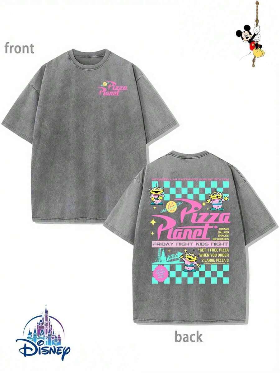 1 New Disney Cotton Washed T-Shirt, DisneyRacing Toy Story Pizza Planet Print, Round Neck LeisureAnd Comfortable Cotton Washed T-Shirt, Suitable ForSports And Daily Wear, A Good Choice For Gifts, AMust For Parties, High-Quality Clothing, Suitable ForGifts. - Grey - View 1