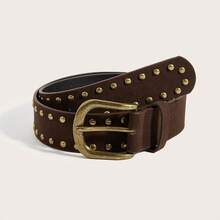 1pc Vintage Gold Square Buckle Rivet Belt For Women, Suitable For Dresses And Coats - Coffee - View 5