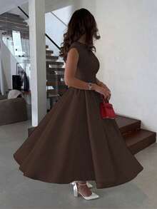 优雅简约时尚休闲复古喇叭短袖纯色褶皱拉链女士长连衣裙，适合晚宴、度假、上学、办公、海滩、夏季等场合。 - 棕色 - 查看 6