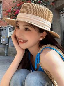 1pc Round Flat Top Straw Hat, Breathable Sun Hat, Travel Beach Hat, Essential Travel Hat, Fashion Versatile, Suitable As Gift For Girlfriend/Friend, Women's Accessory, Interesting Gift, Personalized Gift, Thoughtful Gift, Women's Gift,Summer,Holiday,Festival - Concave Top - View 6