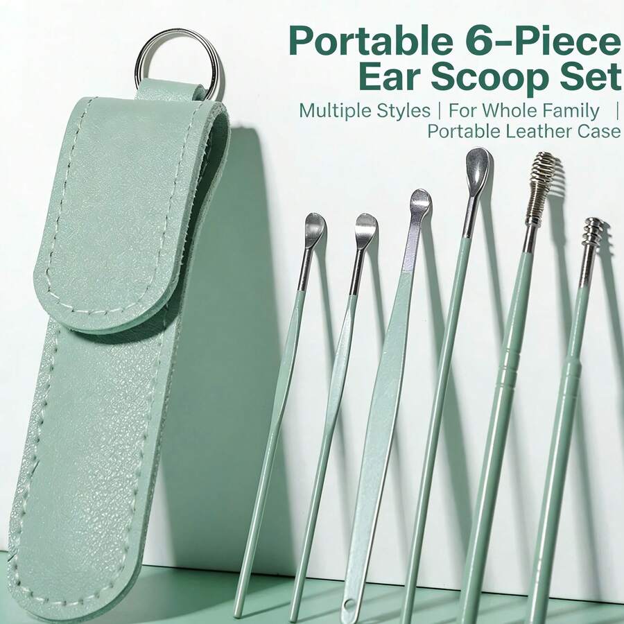 6 piezas Juego de herramientas de acero inoxidable para eliminar el cerumen, cuchara para limpiar los oídos, limpiador de cera de oído, herramienta en espiral para eliminar la cera de oído, juego portátil de limpieza de oídos