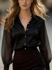 Blusa de manga larga elegante para mujer, tela suave y brillante tipo satén, diseño de manga plisada, mangas semitransparentes, acentos de botones dorados llamativos, estilo casual adecuado para uso diario u oficina, negro para primavera/verano/otoño - Negro - Ver 4