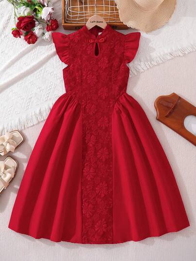 Left Mama Tween Girls' Elegant Red Cap Sleeve Jacquard Dress, Suitable For Banquet And Valentine's Day Wear, Summer