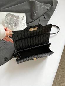 极简风格女士手提包，时尚编织压纹翻盖小方包，单肩斜挎两用包 - 黑色 - 查看 5