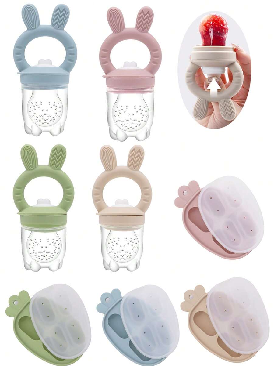 Baby Fruit & Vegetable Teething Toy + Ice Tray 2 Pieces Set, Rabbit Design Teether + Carrot Ice Tray, Nipple With Pusher Design - Multicolor - View 1