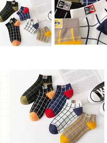 5/10双装男士透气大格纹船袜，适合春、夏、秋季穿着，休闲轻便，男女通用 - 彩色 - 查看 3