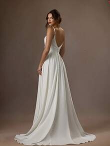 White Satin A-Line Wedding Dress With Deep V-Back Spaghetti Straps And Sweep Train - Elegant Modern Bridal Gown With Button Detailing - 白色 - 查看 2