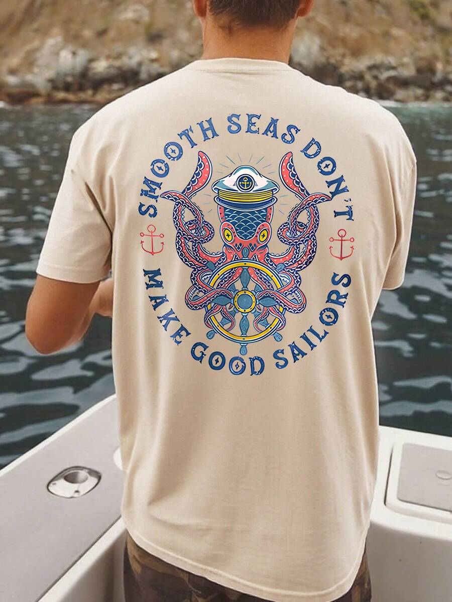 男士休闲日系章鱼印花短袖T恤，舒适透气，夏季穿着