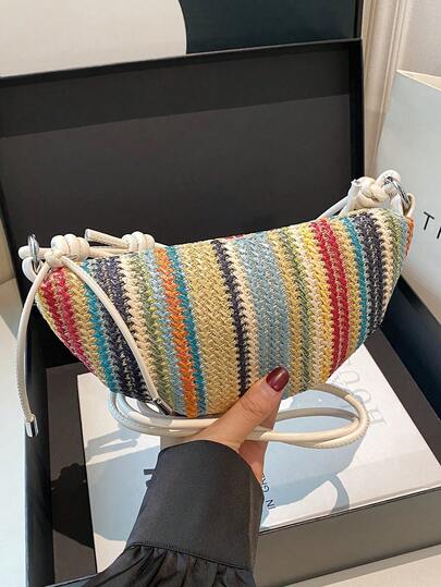 New Fashion Rainbow Stripe Woven Straw Crochet Cow Horn Bag Slanting Crossbody Bag, Casual Vacation Hundred Women's Shoulder Bag, Suitable For Vacation, Commuting And Shopping