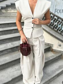 Women's Summer Outfit Top, Casual Set, Holiday Outfit, Commute Outfit, Outing Outfit, Elegant Elegant Women's Two Pieces Set, White - White - View 3
