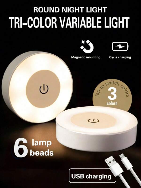 1 pieza Luz nocturna táctil, lámpara de mesita de noche, ajustable en 3 colores, luz de gabinete inalámbrica, regulable para pasillo, dormitorio, baño, sala de estar, armario, cocina (luz cálida), decoración de habitación, decoración del hogar, decoración de pared, decoración de dormitorio, Año Nuevo, Festival de Primavera, luz nocturna LED, luz de pared recargable USB de 3 colores regulable con base magnética