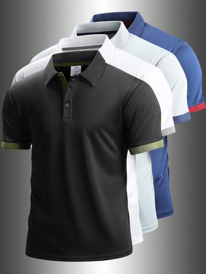 1pc Boyfriend Style Men's Summer Colorblock Lightweight Breathable Soft Outdoor Hiking Camping Golf Running Fitness Casual Short Sleeve Polo Shirt Black