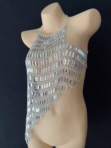 DEKUNER 闪亮金属流苏身体链上衣 - 镶钻身体饰品，性感不对称露脐上衣，适合节日装扮和夜店穿着 - 銀色 - 查看 5