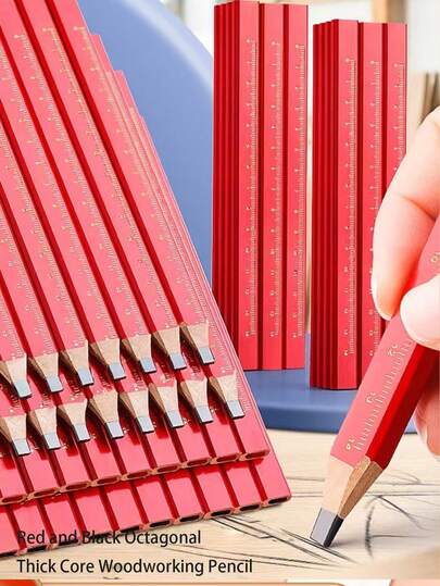 10pcs/20pcs Octagonal Flat Head Carpenter Pencils With Markings, Red Casing, Black Thick Lead