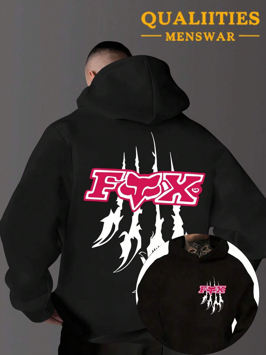 The Men's Style Is Suitable For Black Casual Fashion In Spring And Autumn Or Winter, Integrating Hardcore Extreme Sports Culture With American Street Style Hooded Plush Warm Hooded Sweatshirt. The Bold And Wild "FOX" Words On A Red Background And White Border Are The Core Visual, Matched With White Claw Print, And The Arms Are Also Printed With Corresponding FOX Patterns. The Multi-Functional Sports And Casual Loose Fit Is Suitable For Daily Travel And Street Wear, Made Of Soft Fabric - Black - View 1