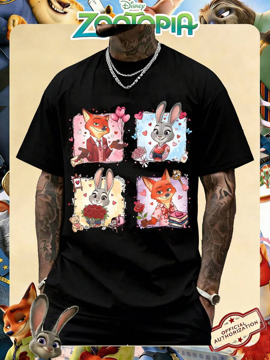Disney Official Licensed Zootopia Nick & Judy Rose Love Letter 4-Panel Couple Print 220g Cotton Crew Neck Unisex Tee - 黑色 - 查看 1