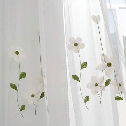 1pc Modern Minimalist European Style White Magnolia Embroidered Sheer Curtain, Suitable For Bay Window, Bedroom, Balcony
