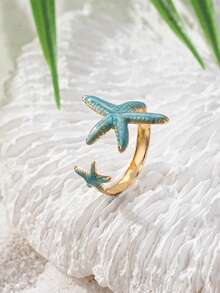 3pcs/Set Fashionable Starfish & Shell Design Adjustable Open Ring, Suitable For Beach Vacation - Multicolor - View 4