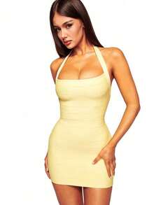 New Fashionable Solid Color Bandage U-Neck Elastic Pit Strip Slim Suspender Hip Dress Women - 黃色 - 查看 2