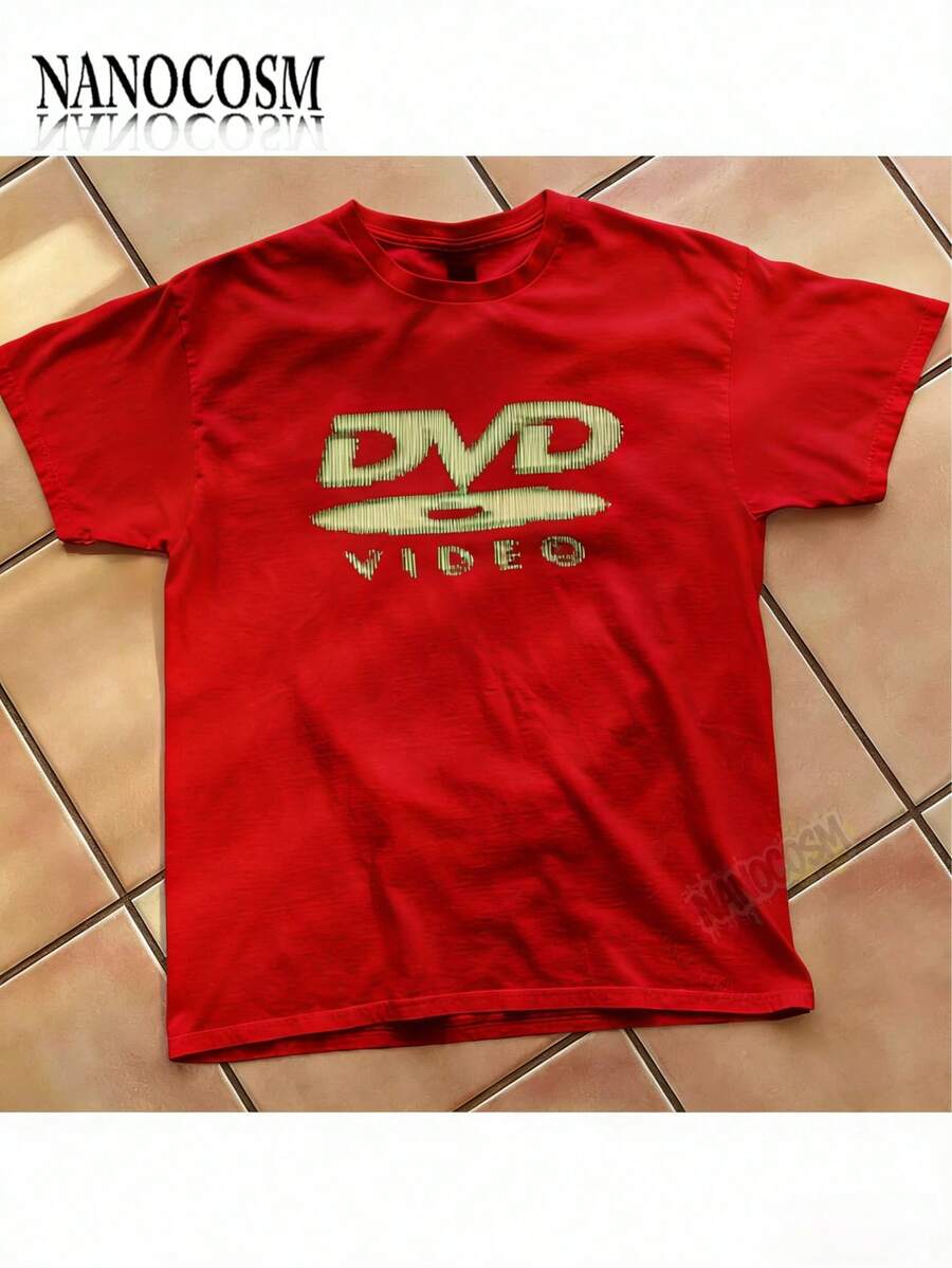 [100% Cotton] DVD Video Nostalgic Green Logo, Vintage Gaming Print T-Shirt, 2000s Aesthetic, Retro Good Shirts, Casual Round Neck Short Sleeve Pullover Tops For Spring / Summer / Fall -Unisex Women & Men's Campus Daily Wear - 紅色 - 查看 1