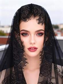 1pc Bridal Lace Veil With Floral Edge, Hollow Out Shoulder Cape - Black - View 6