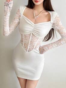 顶级炫彩时尚方领长袖网纱拼接连衣裙 - 白色 - 查看 7