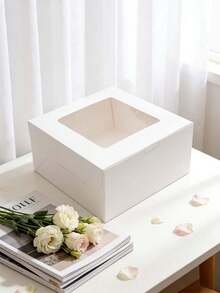 2pcs/4pcs Window White Cardboard Baking Simple 10-Inch Cheese Cake Box, Pizza Box, Open Window Cheesecake, Basque Cheesecake, Cream Puff, Dessert Packaging Box - View 1
