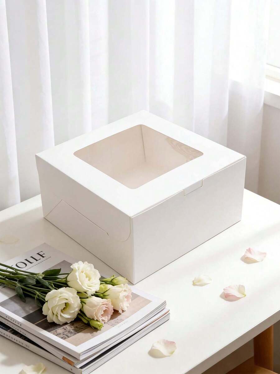2pcs/4pcs Window White Cardboard Baking Simple 10-Inch Cheese Cake Box, Pizza Box, Open Window Cheesecake, Basque Cheesecake, Cream Puff, Dessert Packaging Box - View 1