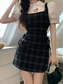YCYC 韓式風格女款無袖格紋休閒百搭短洋裝，優雅設計 - 黑色 - 查看 2