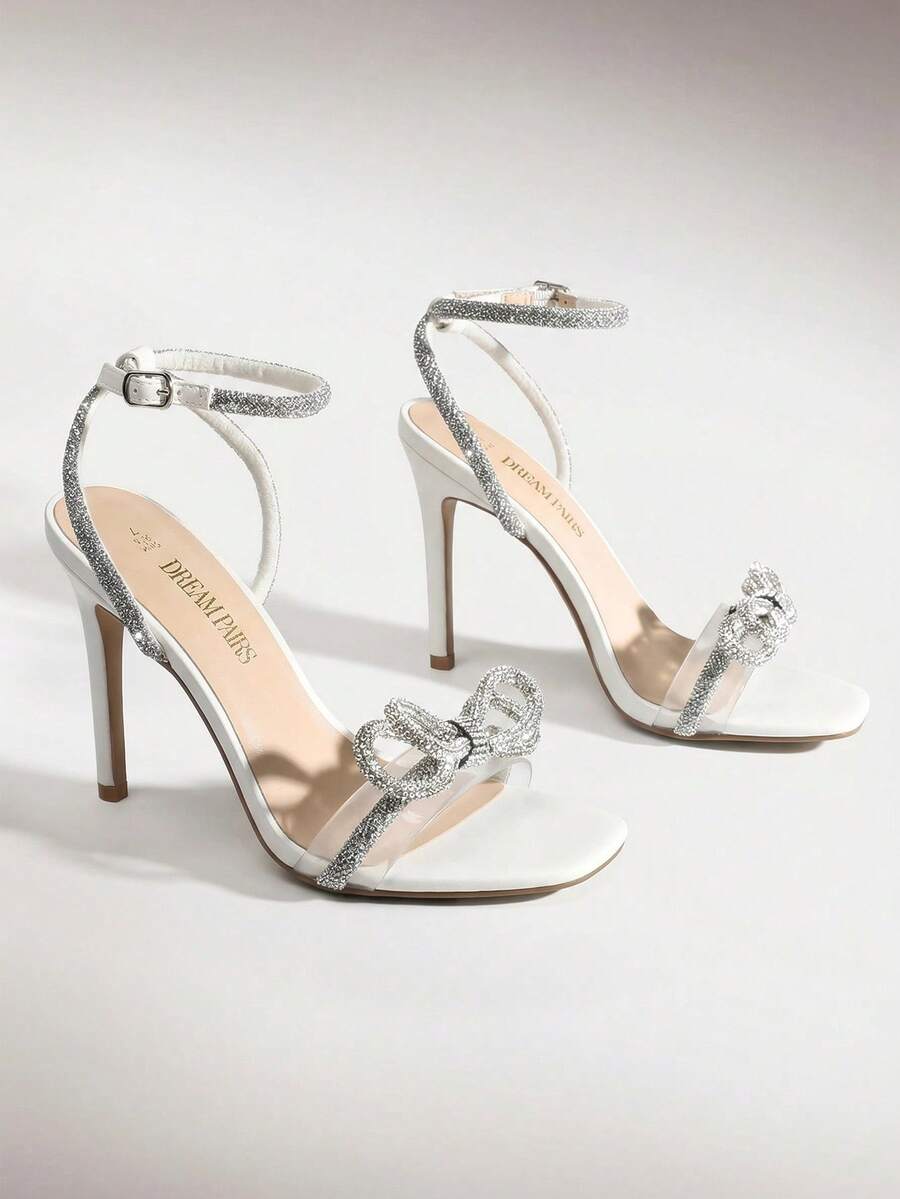 2026 New Stiletto For Women With Rhinestone Buckle Strap And Bow Knot Fashion Open Toe Ankle Strap High Heeled Sandals For Wedding Party Prom Wearing - 白色 - 查看 1