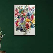 1pc Framed Floral Canvas Wall Art Poster - Watercolor Bouquet Painting With Red, Pink, Yellow, Blue, Green, Purple, Orange, - Ready-To-Hang Hanging Hooks For Living Room, Bedroom, Office, Classroom - Elegant Home Decor Gift For Housewarming, Wedding, Easter - Premium Canvas Print, Flower Wall Decor - 有框架 - 查看 6