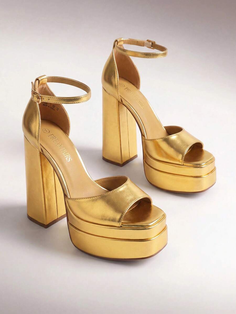 2026 New Platform Chunky Ultra High Heeled Sandals, Sexy Peep Toe Adjustable Ankle Strap Heeled Sandals Suitable For Prom Night Party Wedding And Summer Spring Wearing - Gold - View 1