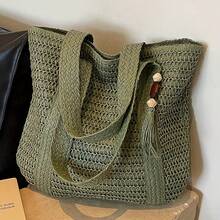 New Women'S Fashion Solid Color Shoulder Bag Is A Stylish Beach Tote. The Woven Texture Enhances The Bag'S Quality And Adds Some Flexibility. It Features A Spacious Open Interior, Making It Ideal For Daily Outings, Shopping, Commuting, School - 米色 - 查看 5