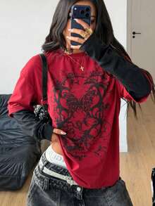Women's 100% Cotton "Butterfly Grunge" Retro Graphic Print T-Shirt  Y2K Goth Short Sleeve Casual Tee - 紅色 - 查看 2