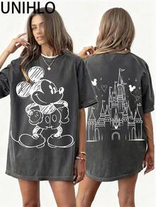 Disney UNIHLO  Mickey  Printed Summer Heavyweight Retro Washed Street Fashion Casual T-Shirt - 黑色 - 查看 2