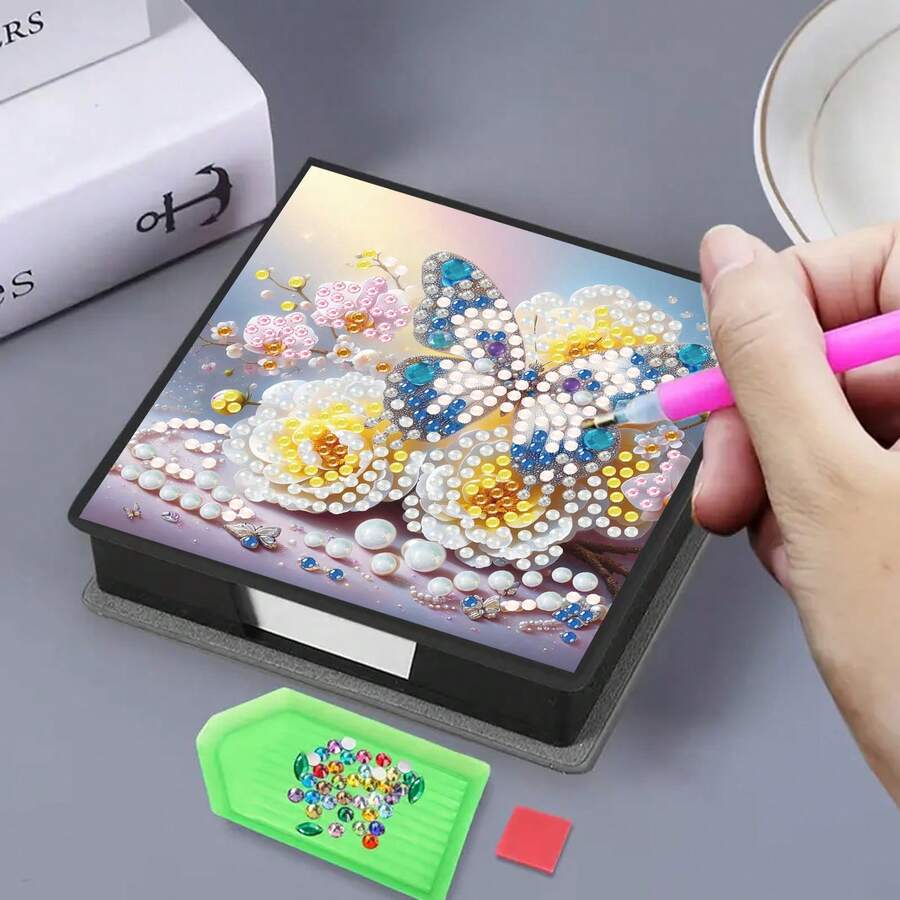 1pc DIY Diamond Art Butterfly Flower Pattern, Asymmetrical Crystal Embedded Painting On Black Faux Leather Self-Adhesive Memo Pad Box With 160 Sheets, Ideal For Home Office And School Supplies, Craft, Cute Stationery, Holiday Gift - View 1