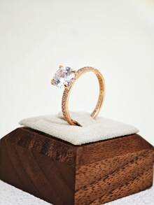 1pc Classic 4-Prong Round Cubic Zirconia Closed Ring, Luxurious Fully Paved Zirconia Setting, Suitable For Wedding, Couples - Rose Gold - View 4