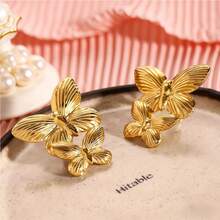 1对/2件 - 优雅蝴蝶女士金色耳环，14K镀金不锈钢夸张耳环 - 创意几何不规则纹理时尚饰品，优雅蝴蝶耳环，适合日常佩戴、派对、生日宴会等场合 - 金色 - 查看 2