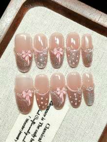 10pcs Handmade Wearable Nail Stickers, Embossed Fake Nails, French Dual-Color Design, Pink Cat Eye Effect, Pink Bow, Shiny & Fashionable, High-End Reusable, Best Gift For Girls - Pink - View 4