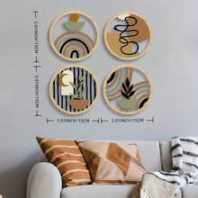 4pcs 2D Flat Bohemian Style Round Wooden Hanging Signs - Hand-Painted Style Wall Art Decor, Brown, Green, Gold - Farmhouse, Living Room, Office, Cafe, Home Decor Signs, Rustic Charm, Decorative Plaques, Home Goods - Multicolor - View 2