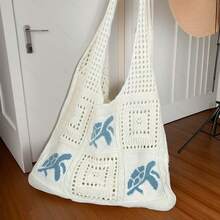 Beach Bags For Vacation,Tote Bags For Women,Ladies' Beach Tote Bag, Crochet Turtle Pattern Design, Shoulder Bags For Women,Bolso De Playa,Large Capacity Open Tote Bag, Crochet Bag,Suitable For Leisure Travel And Seaside Vacation, Beach Tote Bag, Duffle Bag Women,Beige Polyester Fiber Material, Travel Accessories, Bohemian Fashion, Weaving Texture, Essential For Vacation, Beach Bag, Crochet Art, Holiday Choice - 白色(深藍色圖案) - 查看 5