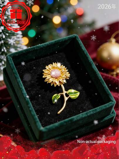 1pc18k Golden Plated French Classic Sunflower Brooch With Gift Box, Suitable For Christmas And Valentine's Day Wear, Suitable For Giving Gifts Throughout The Four Seasons