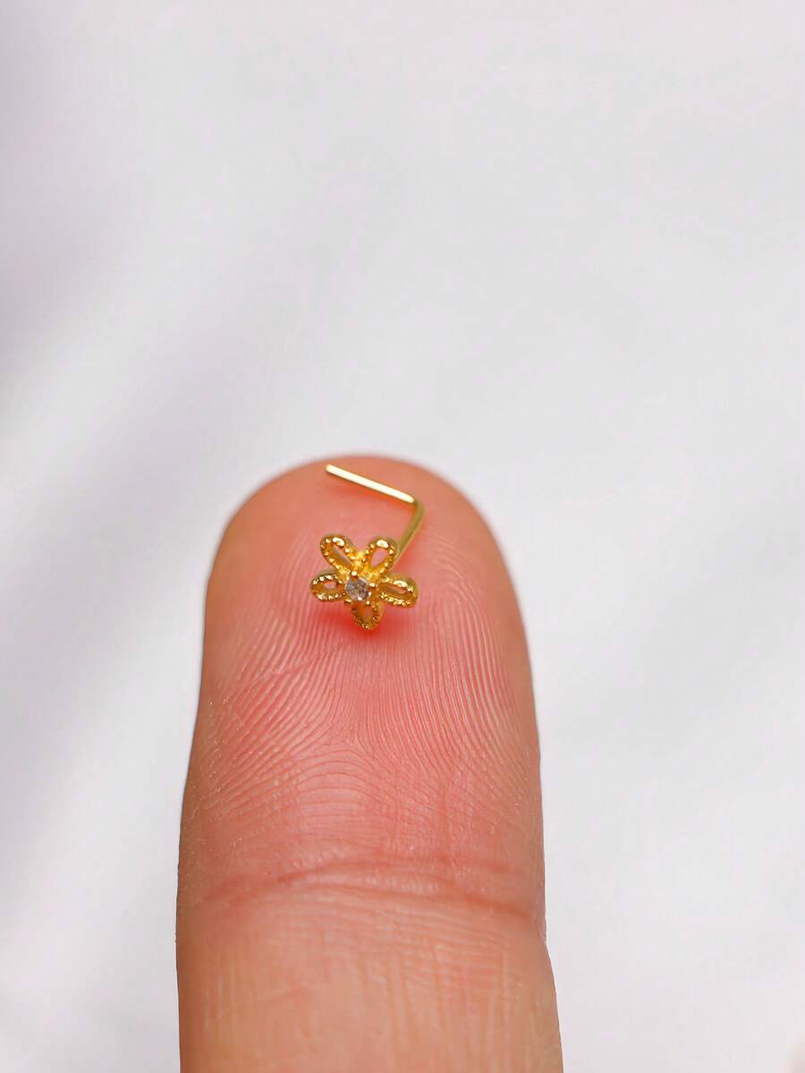1件纯银鼻钉，花朵造型，闪亮透明水晶鼻钉，女士24G鼻钉球头 - 金色 - 查看 1