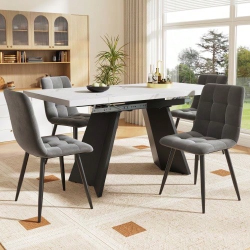 Dining Set (5 Pieces), Extendable Table And Chairs For 4 People, 160 * 80 * 75 Cm Table With 4 Chairs, Grey Velvet Chairs, White Table With Flat Legs - Grey - View 1
