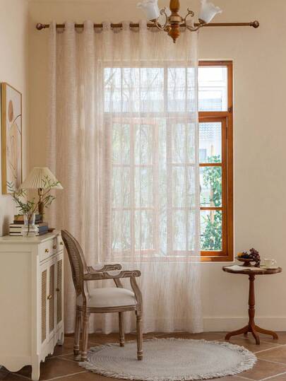 1片米色亚麻质感薄纱窗帘，半遮光，带金属环，适用于客厅和卧室，具有降噪和防紫外线功能，可作圣诞装饰遮光窗帘，家居装饰