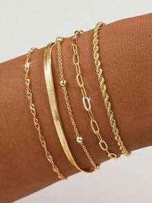 5pcs Set Of European And American Metal Layered Chain Bracelets - Knotted, Ribbed, Twisted, Gold Beaded, Snake Bone Chain, Minimalist Multi-Layer Chain Accessories - Yellow Gold - View 1