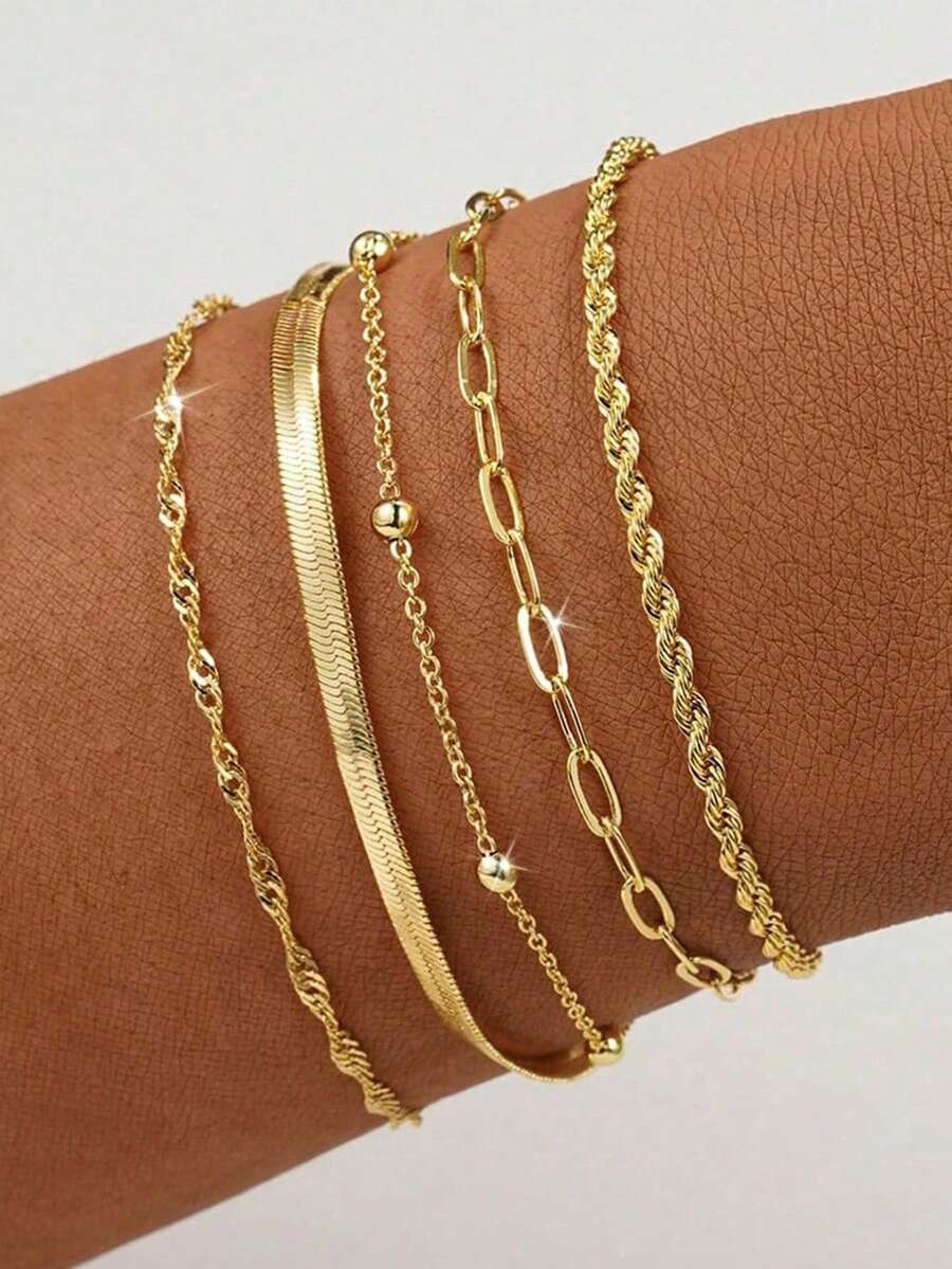 5pcs Set Of European And American Metal Layered Chain Bracelets - Knotted, Ribbed, Twisted, Gold Beaded, Snake Bone Chain, Minimalist Multi-Layer Chain Accessories - Yellow Gold - View 1