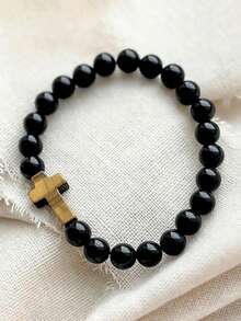 虎眼石男士十字手链，象征自信、守护、稳定和力量，波西米亚风格能量疗愈瑜伽冥想灵性珠宝礼品，男女皆宜 - 彩色 - 查看 7