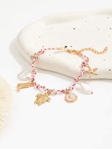 1条波西米亚风彩色编织手链，饰有仿珍珠、油滴心形、海龟、海星吊坠，女士款 - 金色 - 查看 2